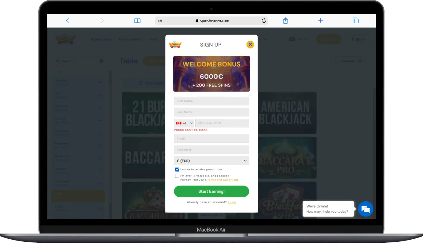 Registration at Spins Heaven Registration at Spins Heaven screenshot