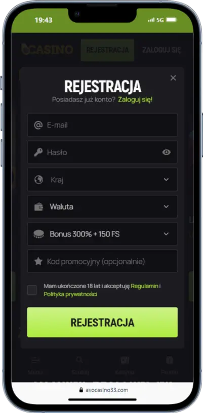 Rejestracja w Avo Casino Rejestracja w Avo Casino zrzut ekranu