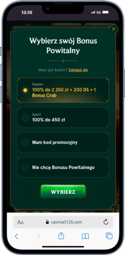 Rejestracja w Casinia Rejestracja w Casinia zrzut ekranu