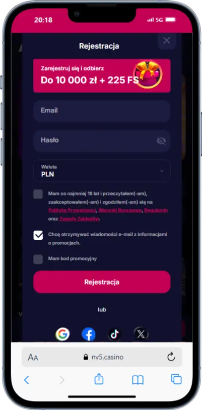 Rejestracja w NV Casino Rejestracja w NV Casino zrzut ekranu