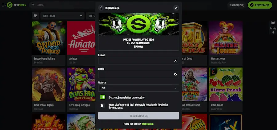 Rejestracja w SpinGreen Casino Rejestracja w SpinGreen Casino zrzut ekranu