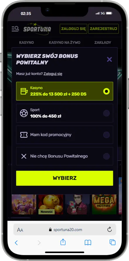 Rejestracja w Sportuna Casino Rejestracja w Sportuna Casino zrzut ekranu
