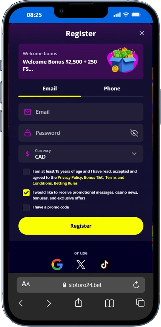 Slotoro Registration