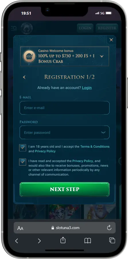 Slotuna Casino Register Screenshot