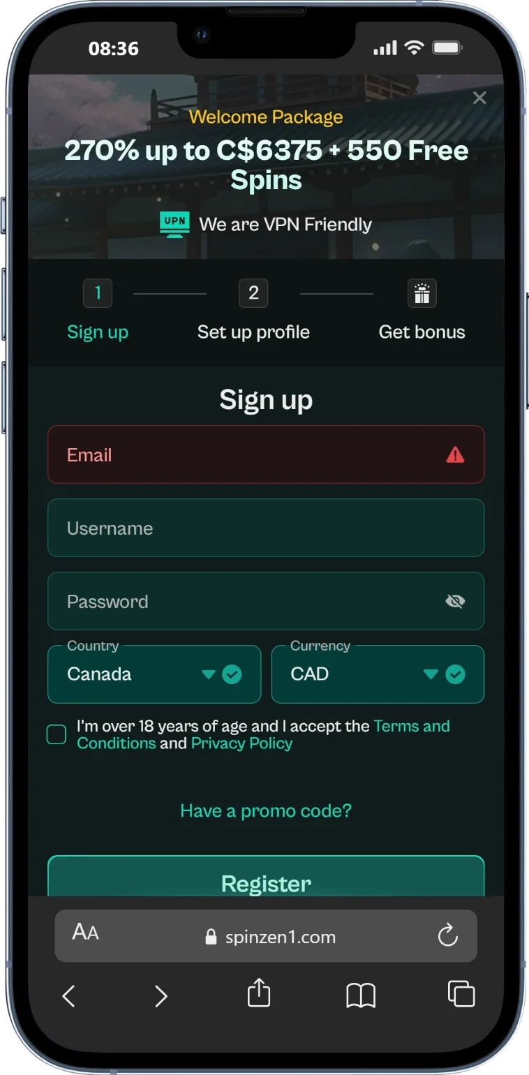 Registering at SpinZen