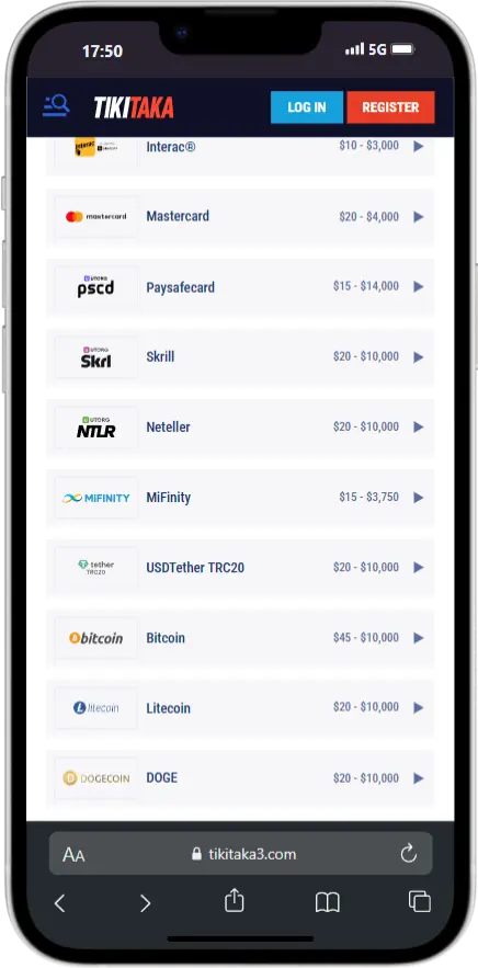 Explore Payment Methods at Tikitaka Casino Screenshot of Tikitaka's Payment Methods Section