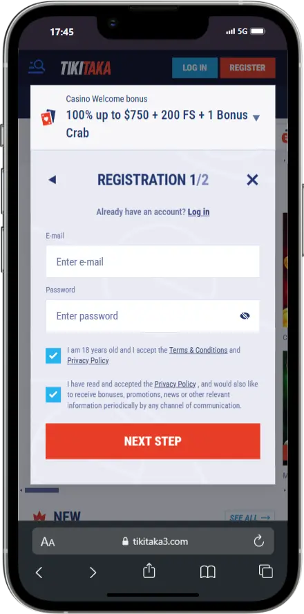 Sign Up for Tikitaka Casino Screenshot of Tikitaka's Sign Up Section