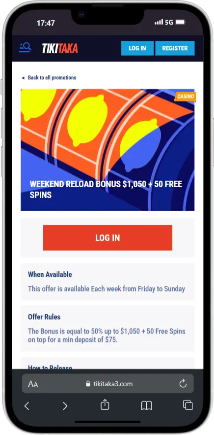 Claim Weekend Reload Bonus at Tikitaka Casino Screenshot of Tikitaka's Weekend Reload Bonus Section