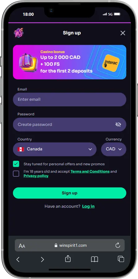 Sign Up at Winspirit Screenshot