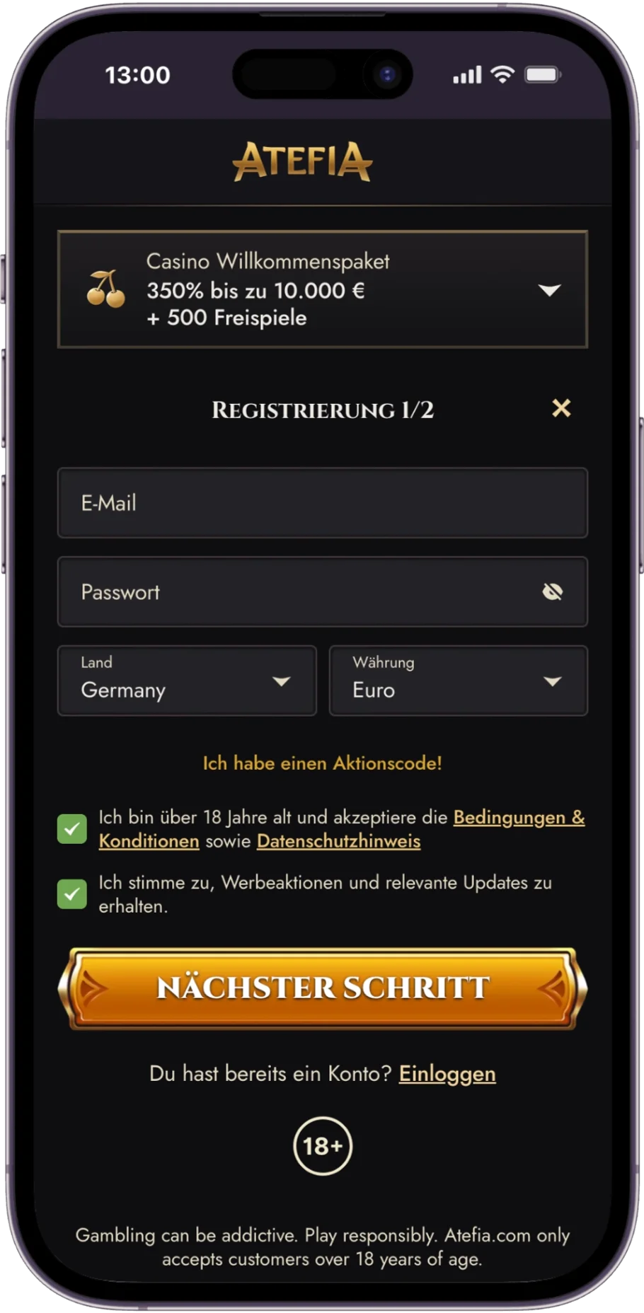 Atefia Casino Registrierung auf dem Smartphone: Schritt 1 mit Land Germany und Währung Euro