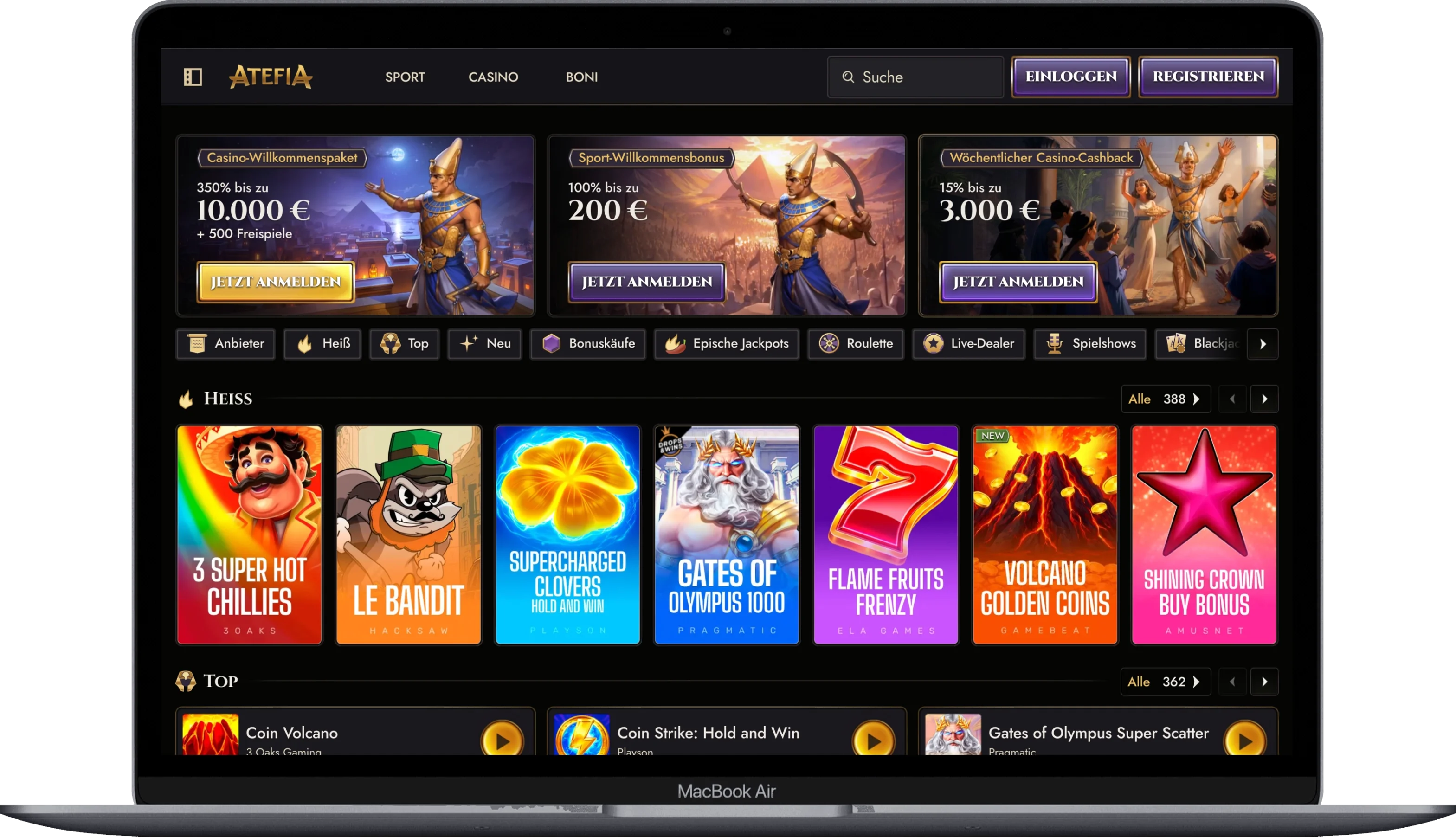 Atefia Casino Startseite mit Willkommensbonus, Sportbonus und Cashback
