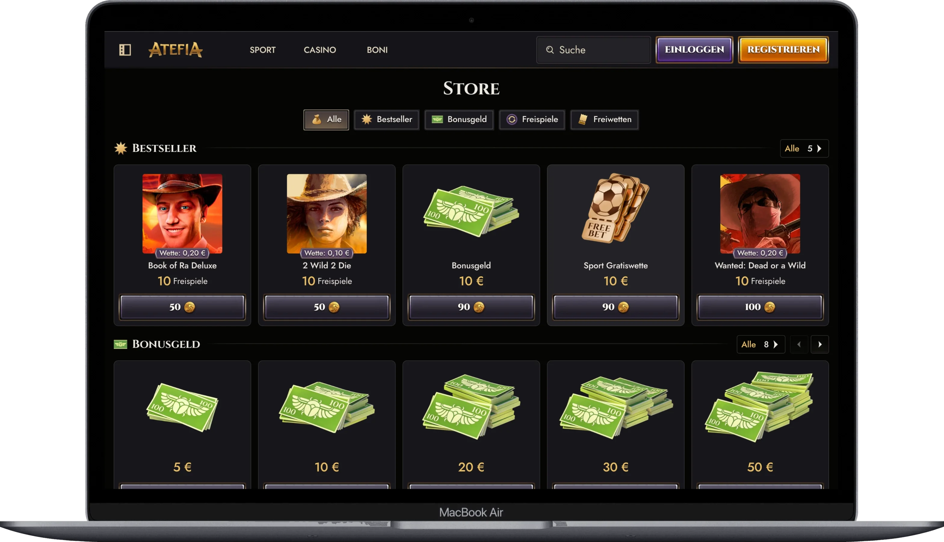 Atefia Casino Store: Freispiele, Bonusgeld und Freiwetten gegen Coins