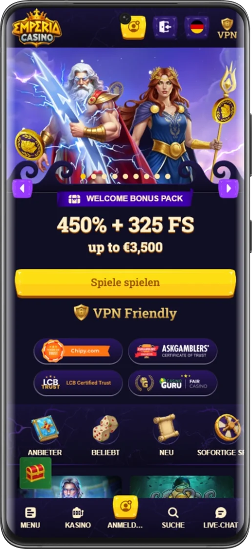 Mobile Version des Emperia Casino auf einem Android-Gerät