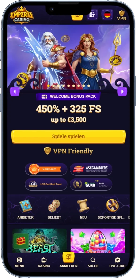 Startseite mit Spielangebot und Navigation