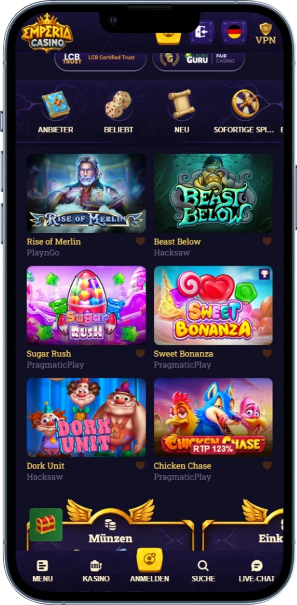 Spielkatalog im Emperia Casino