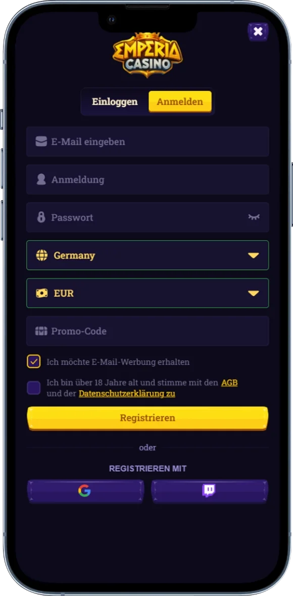 Registrierung im Emperia Casino über das Anmeldeformular