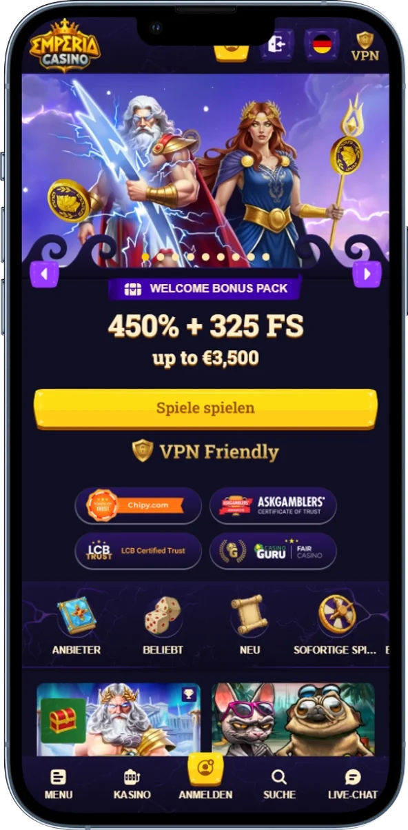 Startseite der offiziellen Website von Emperia Casino