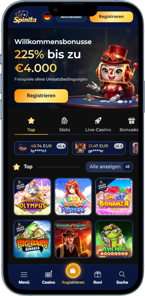 Startseite der offiziellen Website von Spinita Casino