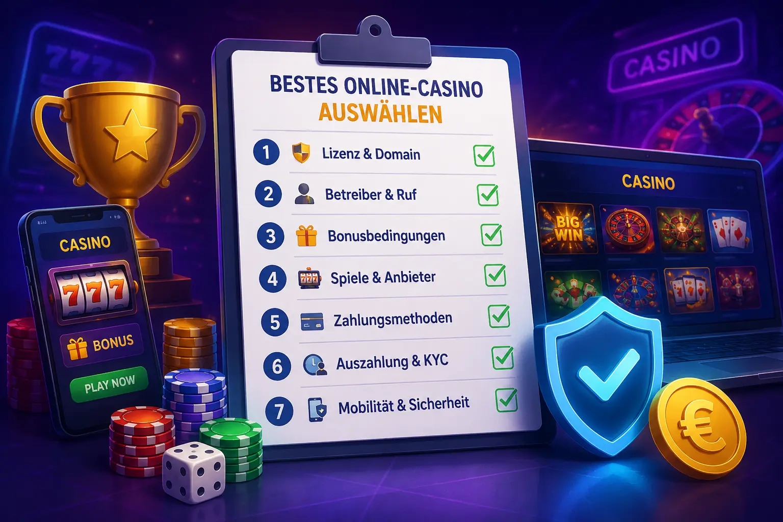 Grafik zur Auswahl des besten Online-Casinos mit Kriterien wie Lizenz, Bonus, Spiele, Zahlungen, KYC und Sicherheit