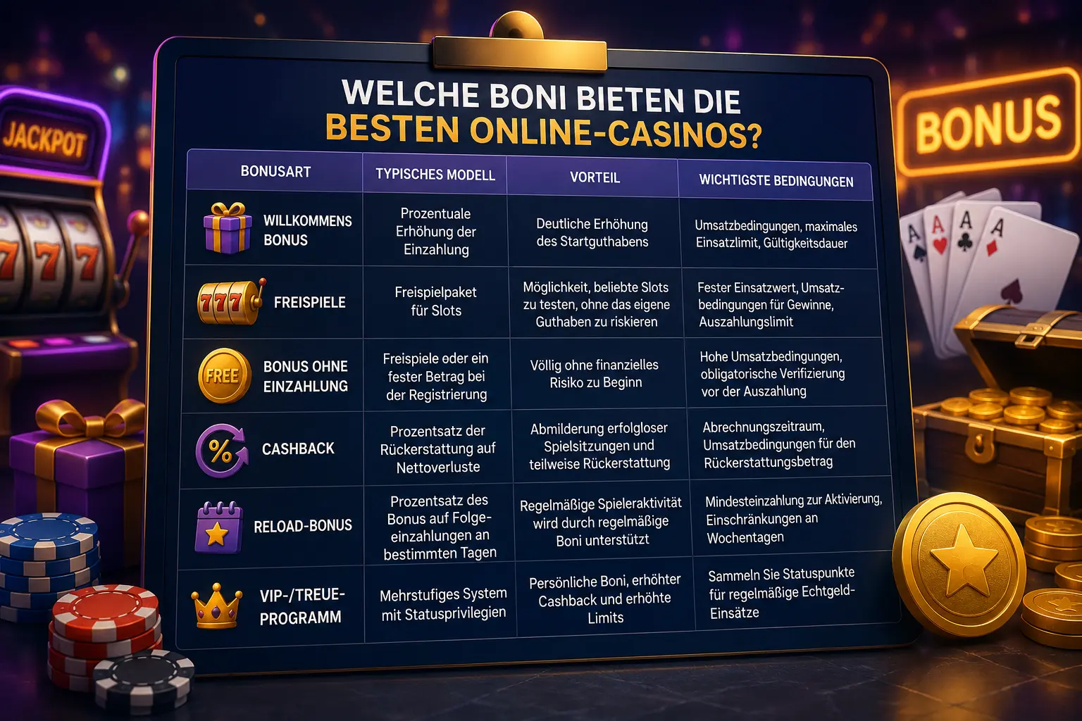 Grafik zu Casino-Boni mit Willkommensbonus, Freispielen, Cashback, Reload-Bonus und VIP-Programm