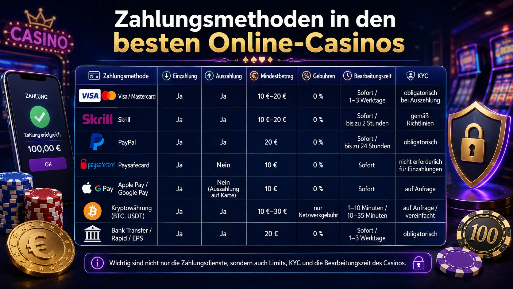 Grafik zu Zahlungsmethoden in den besten Online-Casinos mit Karten, E-Wallets, Kryptowährungen und KYC
