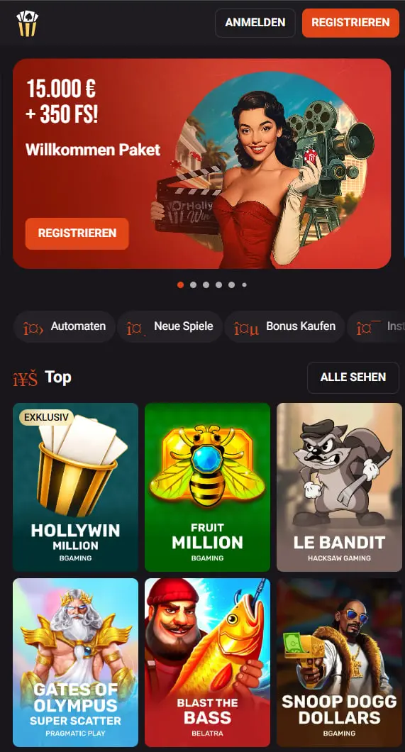 Startseite des Hollywin Online-Casinos