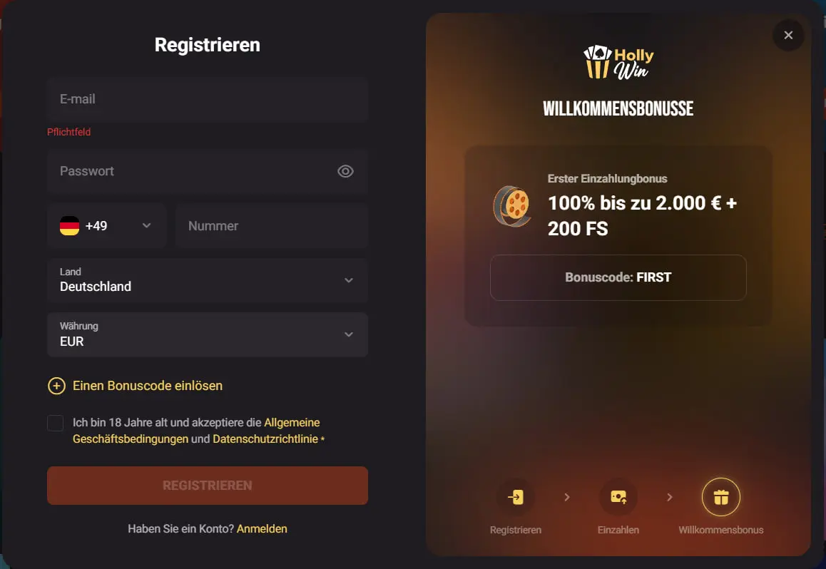 Registrierung bei Hollywin