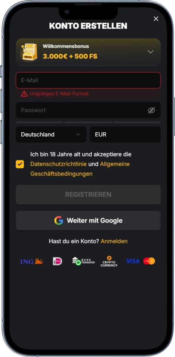 Registrierungsformular zur Erstellung eines neuen Spielerkontos
