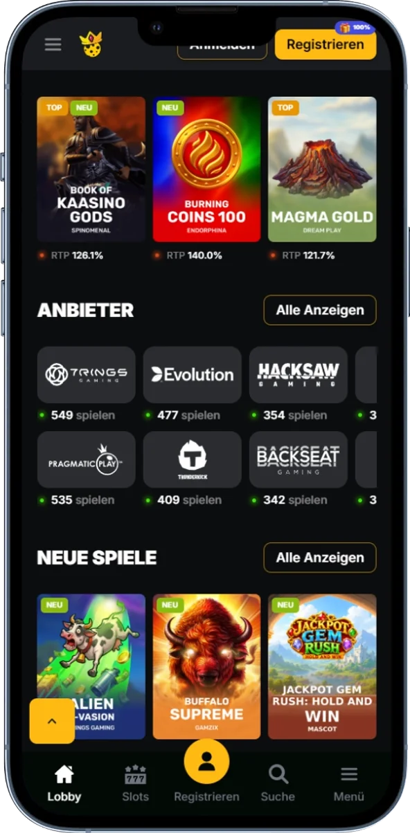 Spielebibliothek mit Slots, Kategorien und Suchfunktion