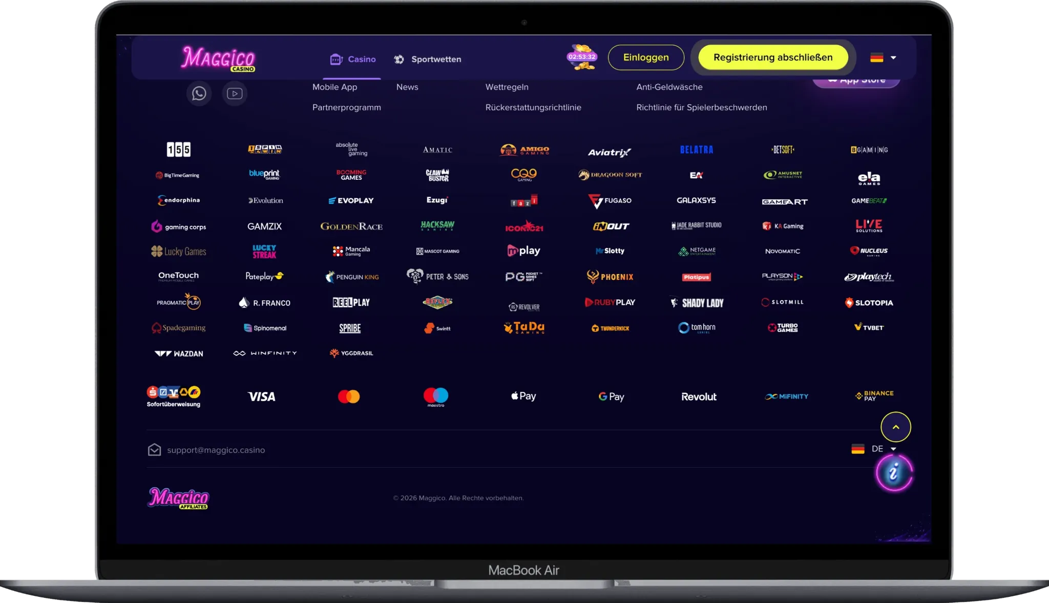 Footer von Maggico mit Spiele-Anbietern und Zahlungslogos wie Visa, Mastercard und MiFinity