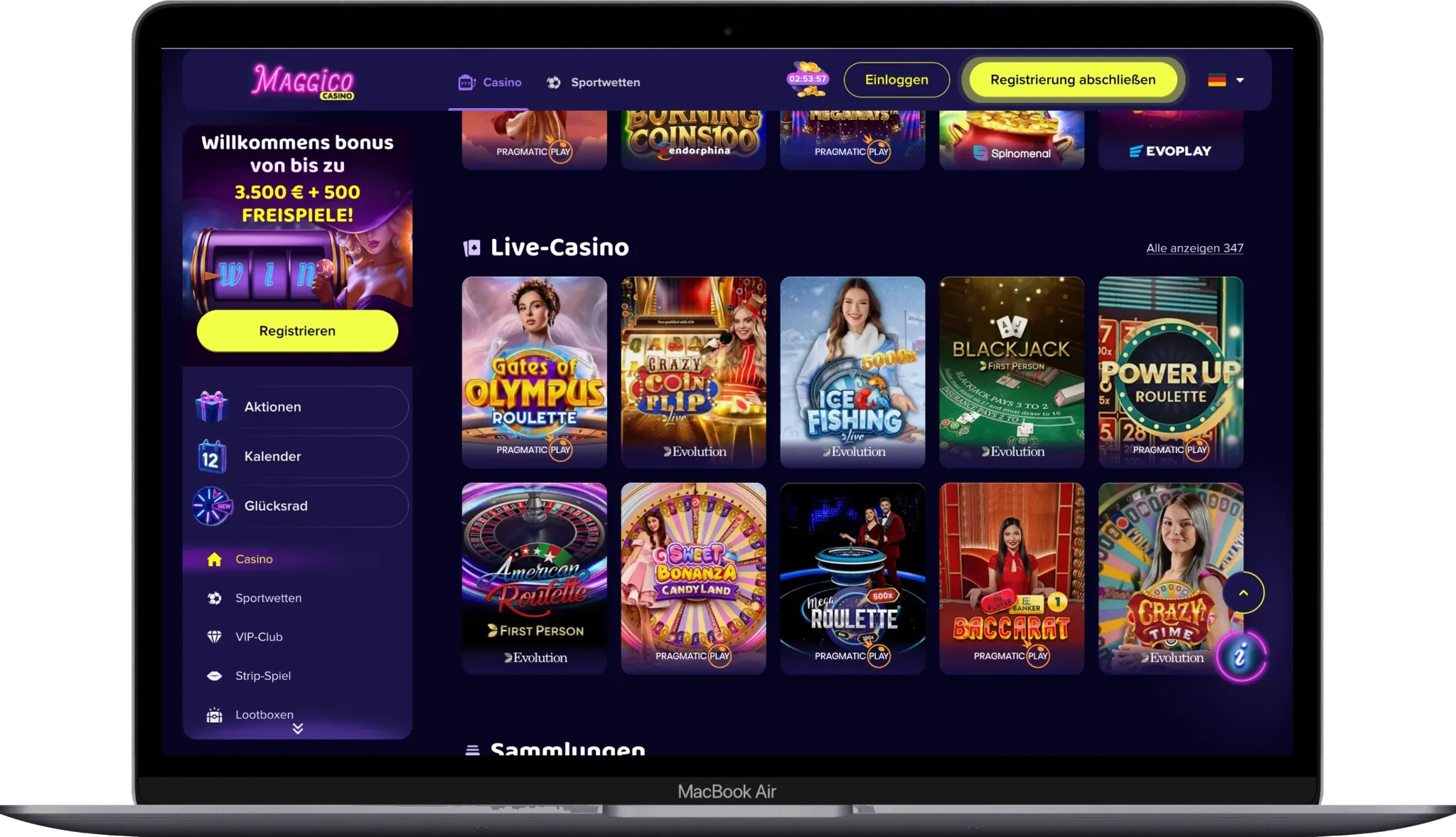 Live-Casino bei Maggico mit Roulette-, Blackjack- und Game-Show-Titeln