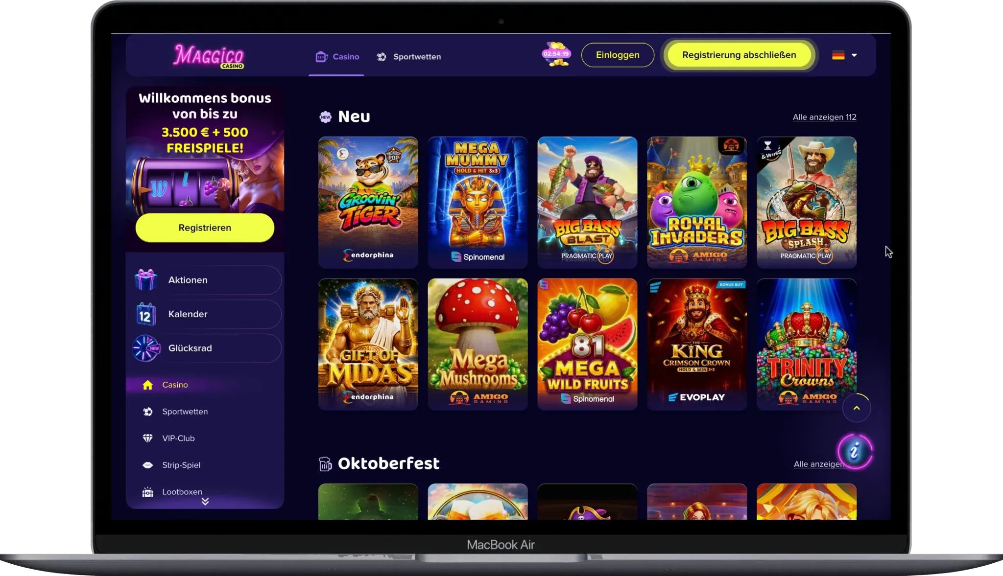 Bereich „Neu“ im Maggico Spielekatalog mit verschiedenen Slots