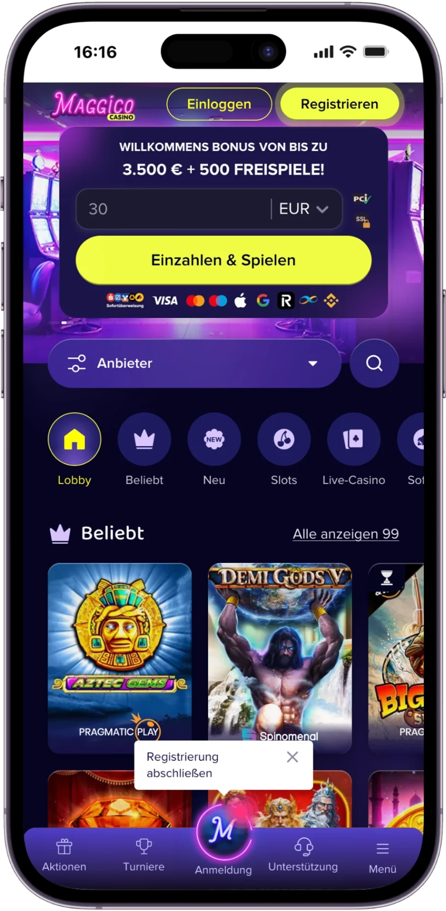 Deutsche Startseite von Maggico mit Spielkategorien, Bonusbanner und Lobby