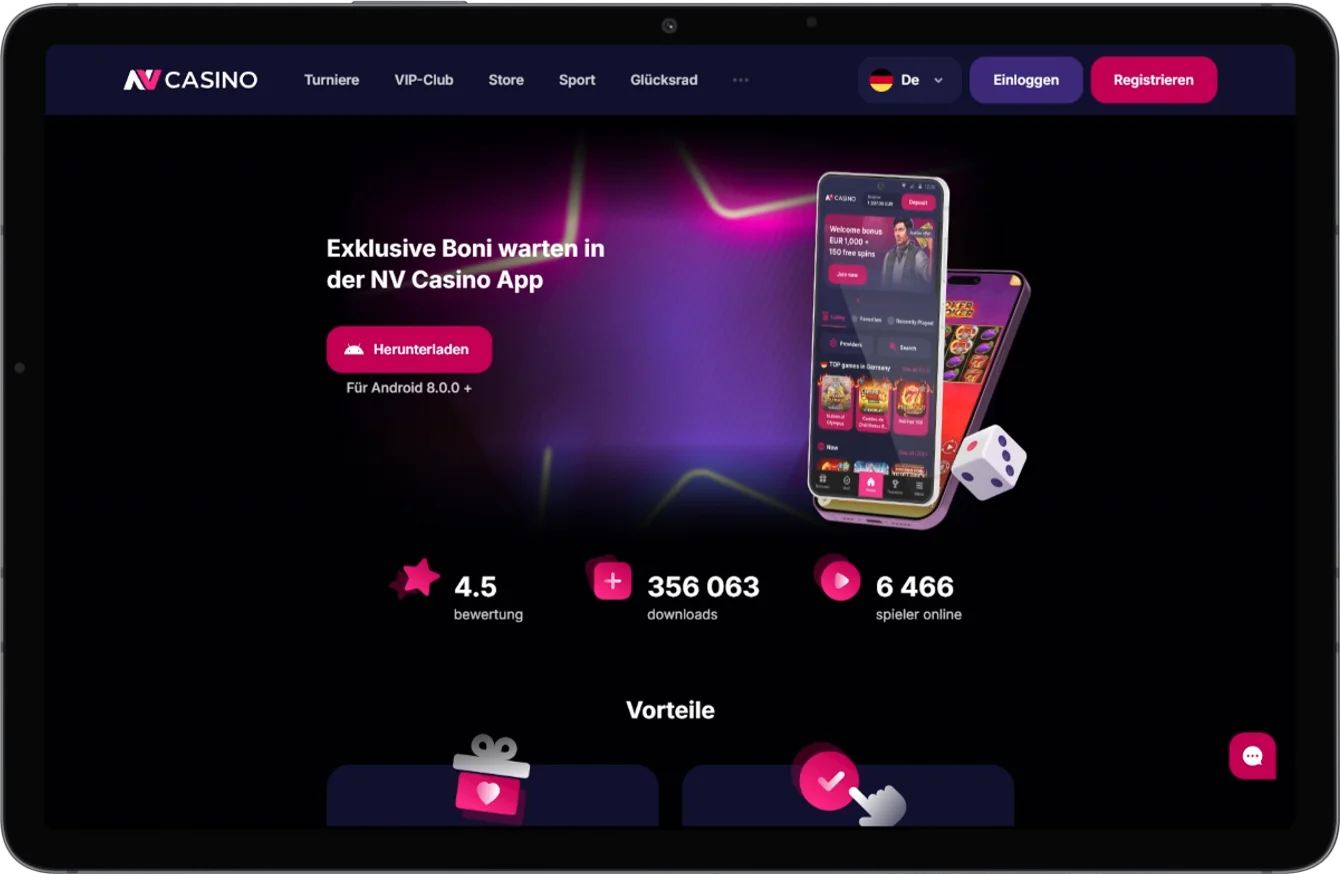 Bereich mit dem Bonus für die Installation der NV Casino App
