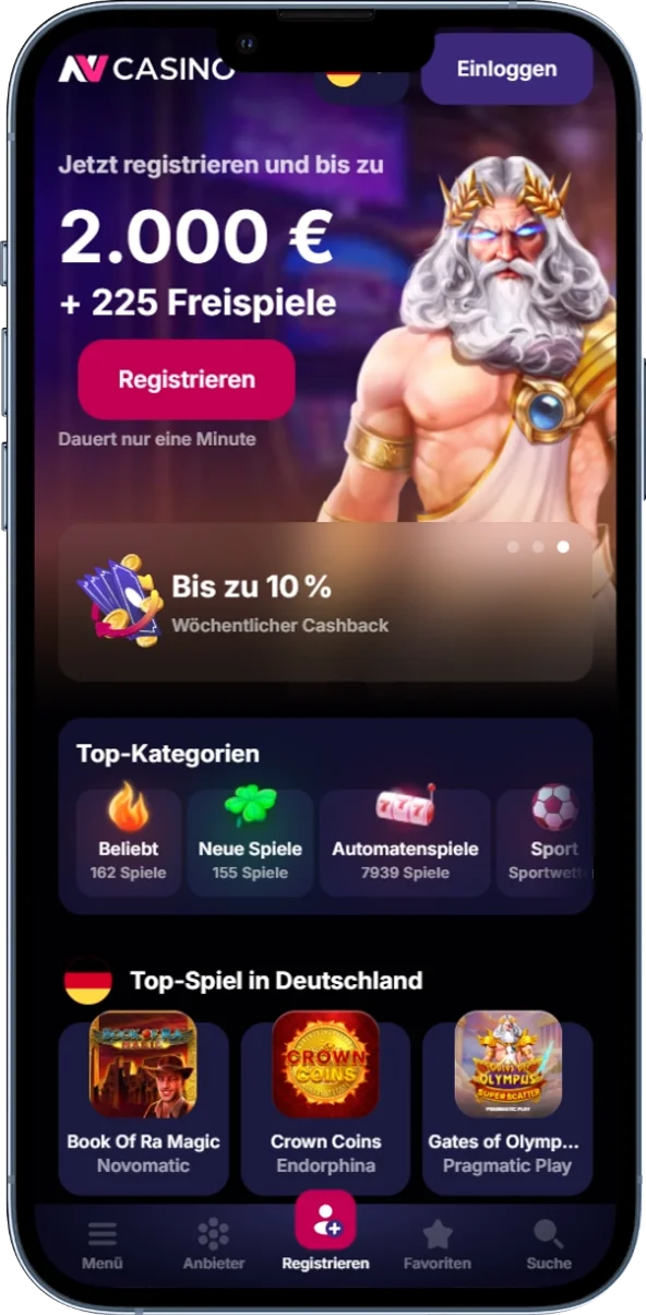Startseite von NV Casino mit Hauptbanner und zentraler Navigation