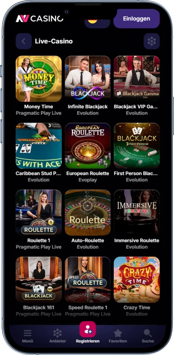 Live-Casino-Lobby von NV Casino mit verfügbaren Live-Tischen
