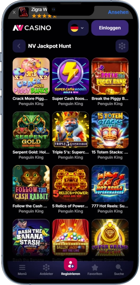 Auswahl von Jackpot-Spielen im Bereich NV Jackpot Hunt