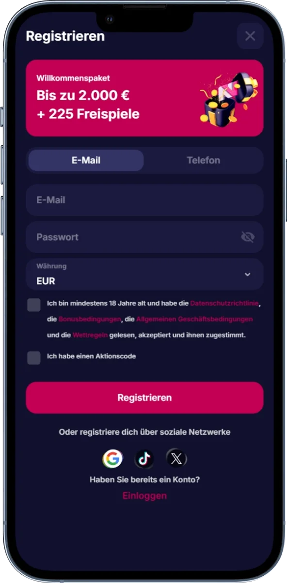 Registrierungsformular zur Erstellung eines Spielerkontos bei NV Casino
