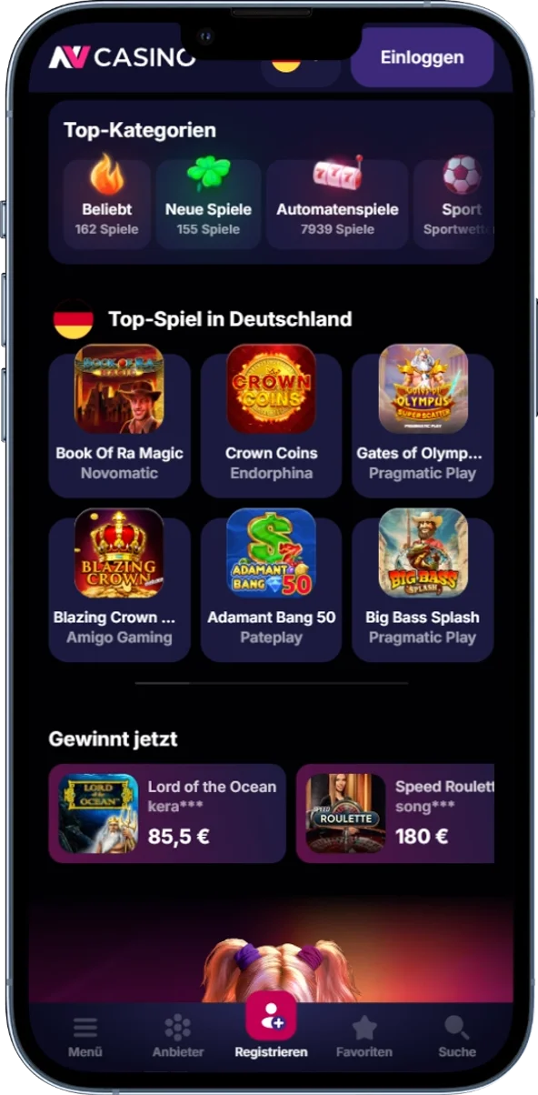 Spielebereich von NV Casino mit Kategorien und Spielauswahl