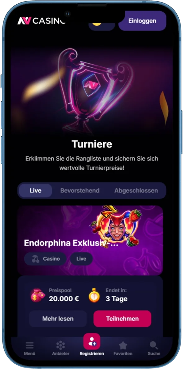 Bereich mit aktiven Turnieren und Wettbewerben bei NV Casino
