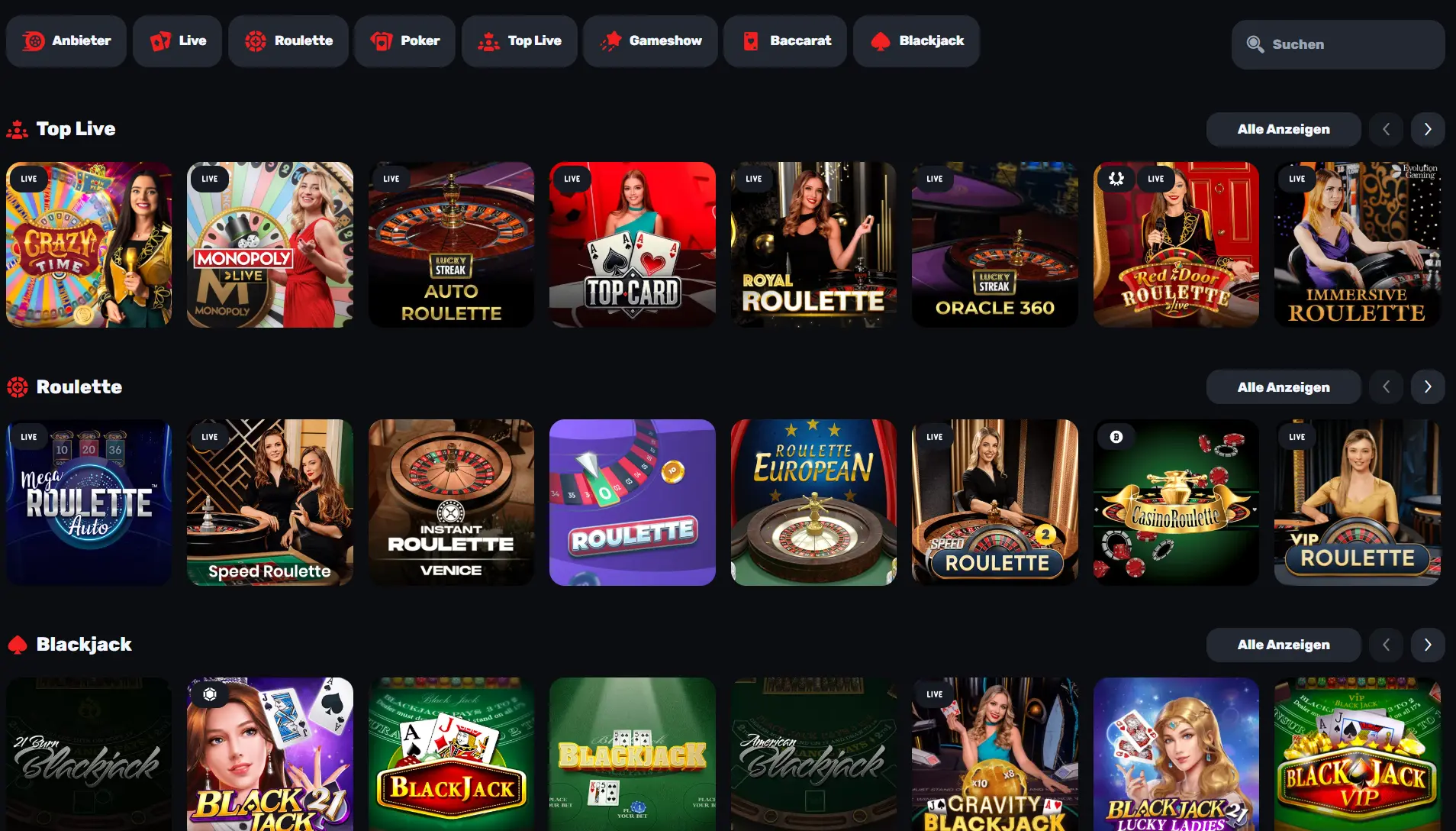 Live-Casino-Bereich im Red Racer Casino