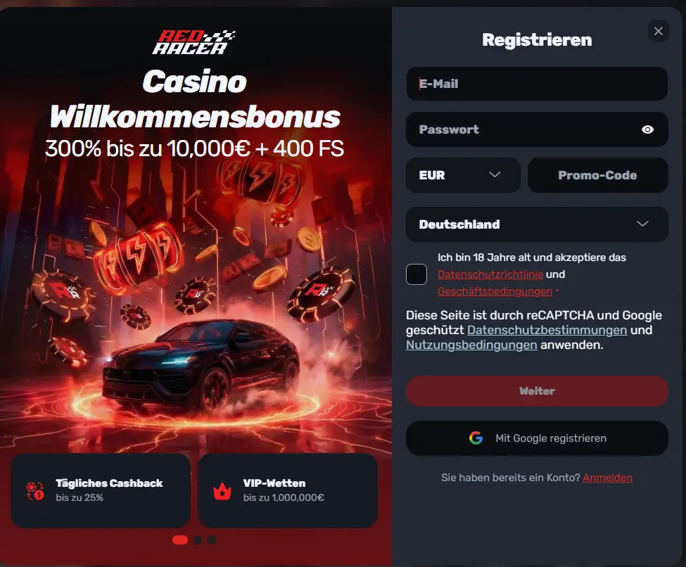 Registrierungsformular im Red Racer Casino