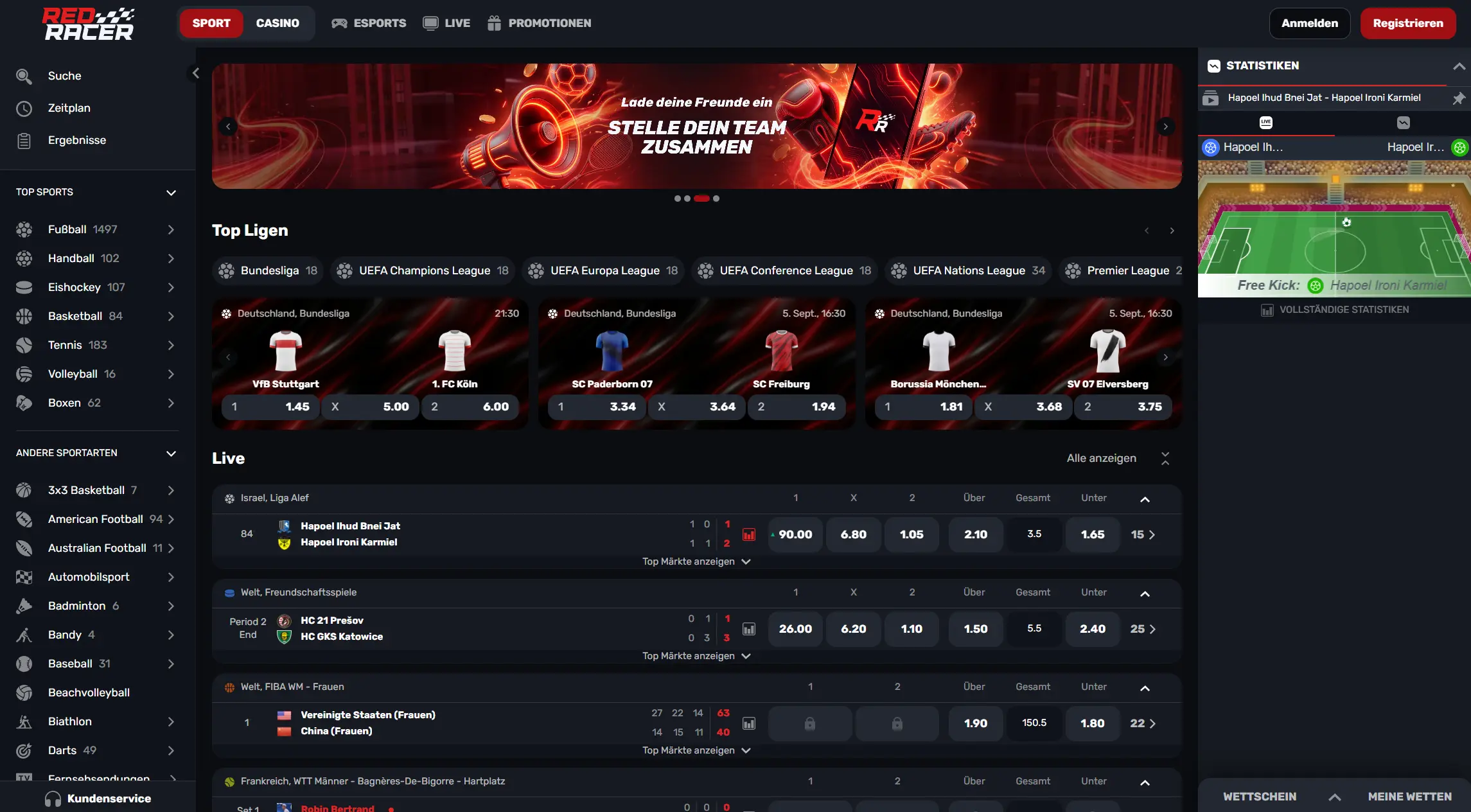 Sportwettenbereich im Red Racer Casino