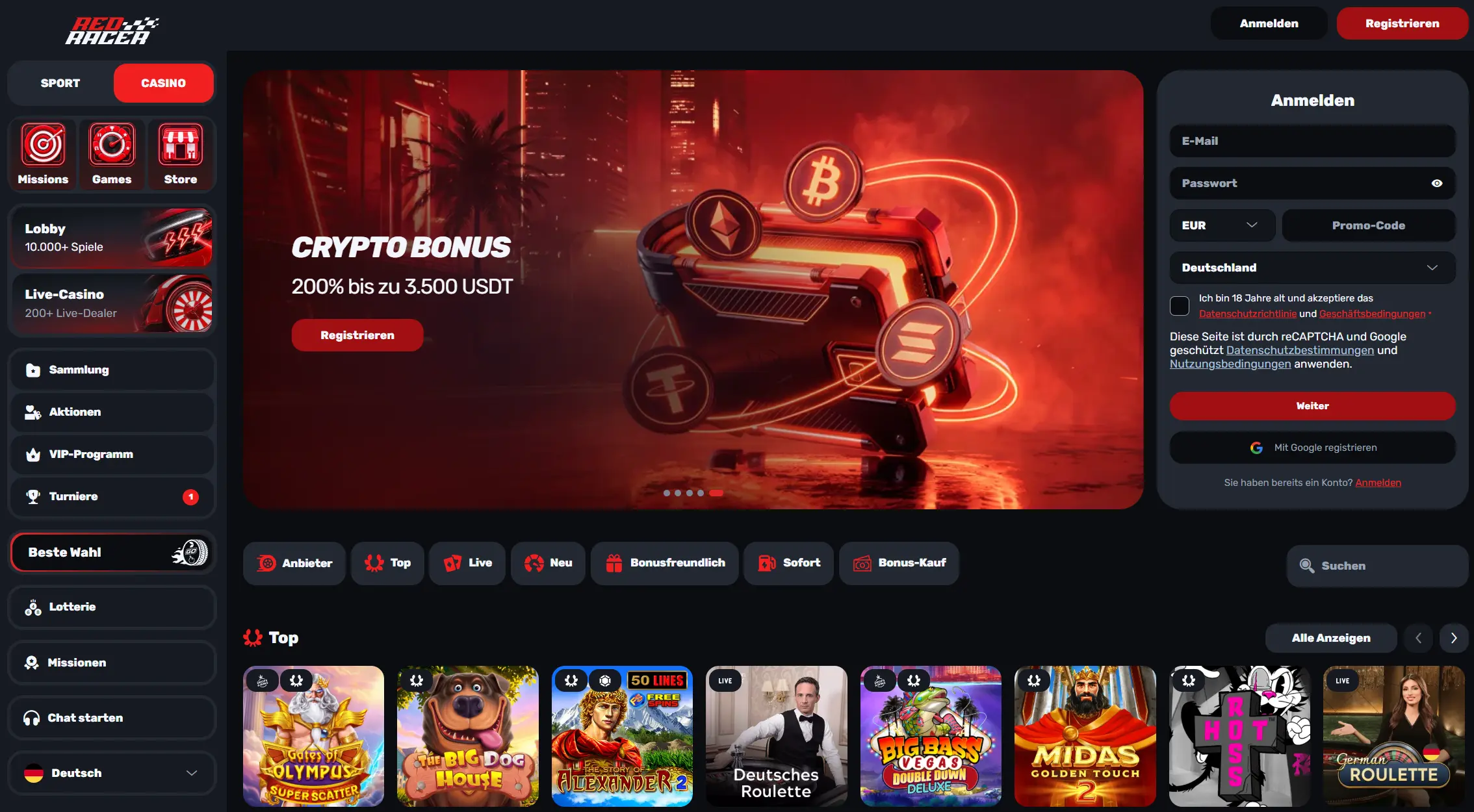 Startseite des Red Racer Casinos