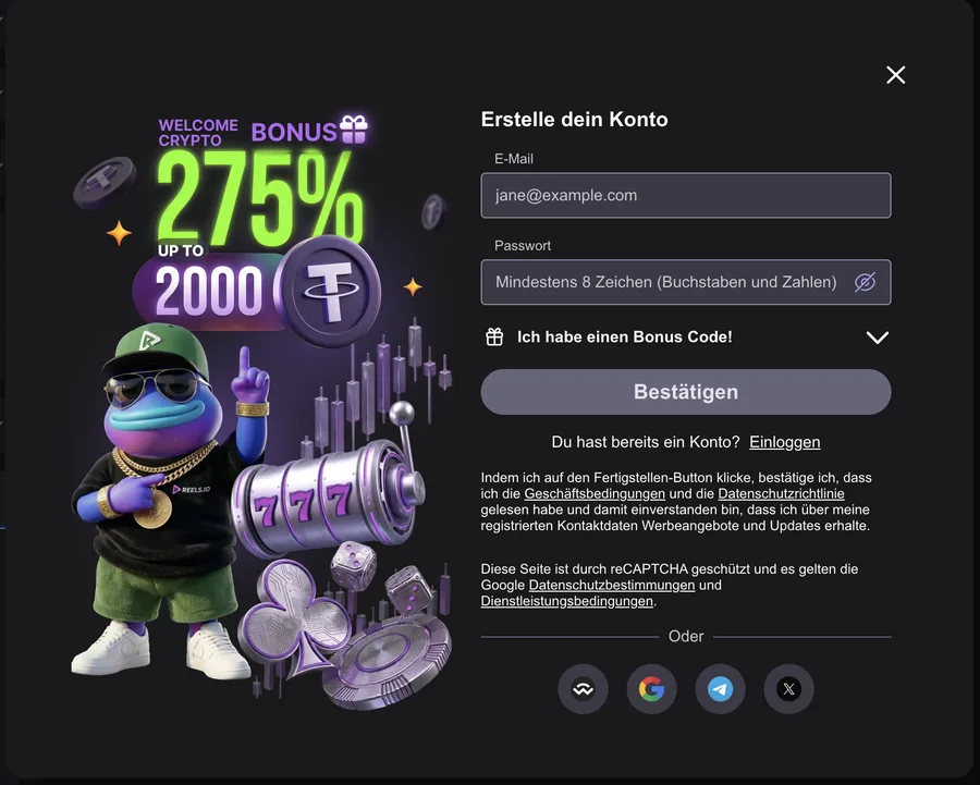 Reels Casino Registrierung mit 275 Prozent Krypto-Willkommensbonus