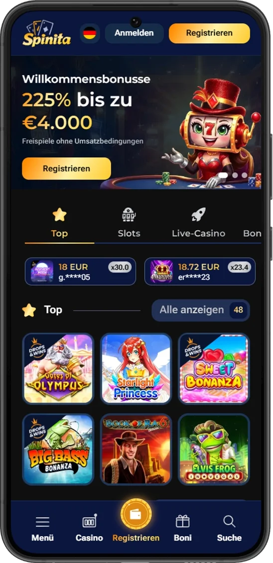 Mobile Ansicht der Casino-Website auf einem Android-Smartphone