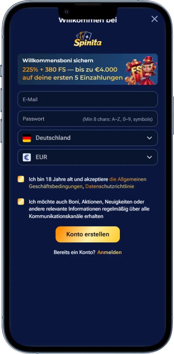 Registrierungsformular für die Erstellung eines Spielerkontos