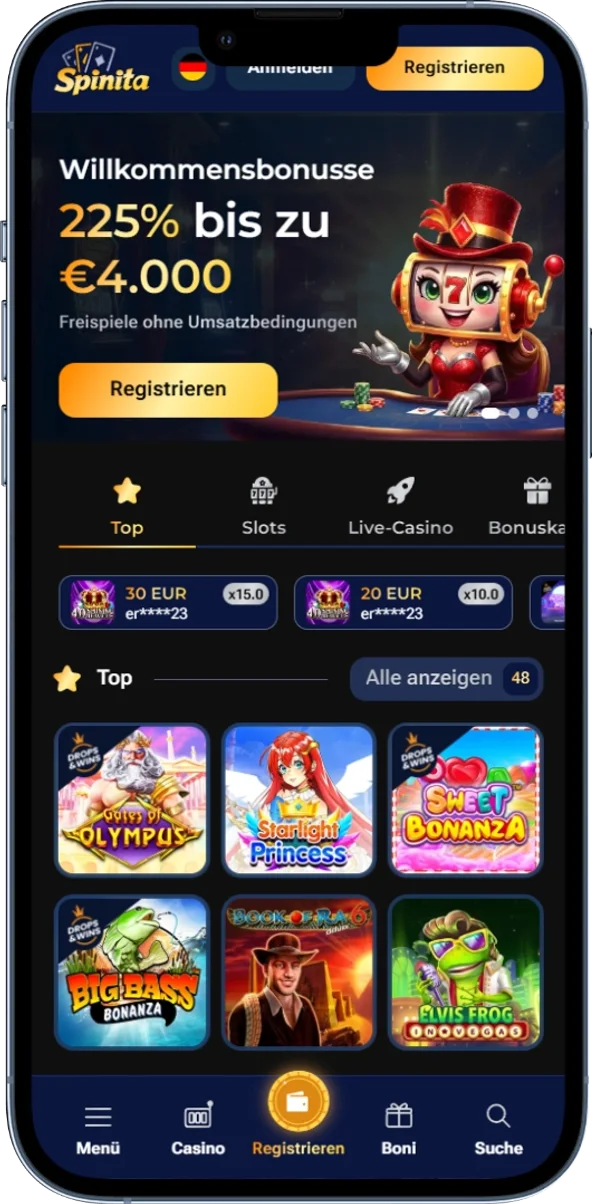 Startseite von Spinita mit Spielkategorien und Hauptnavigation