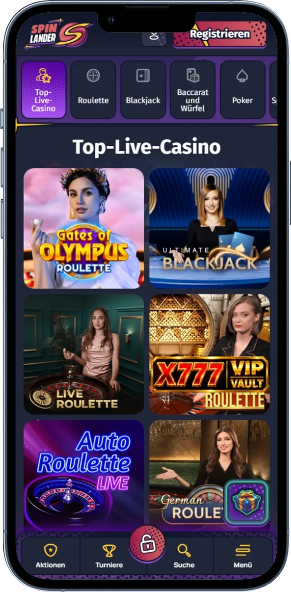 Live-Casino-Bereich von Spinlander mit Spielen mit echten Dealern