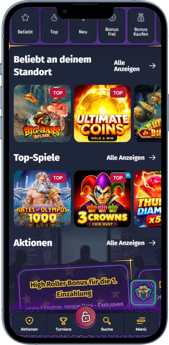 Spiele-Lobby von Spinlander mit verschiedenen Spielkategorien